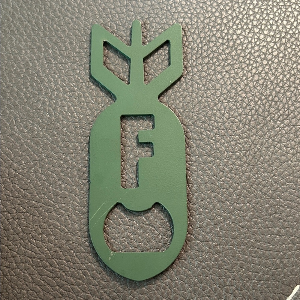 Green Bottle Opener Keychain F bomb. Made in USA source unknown.